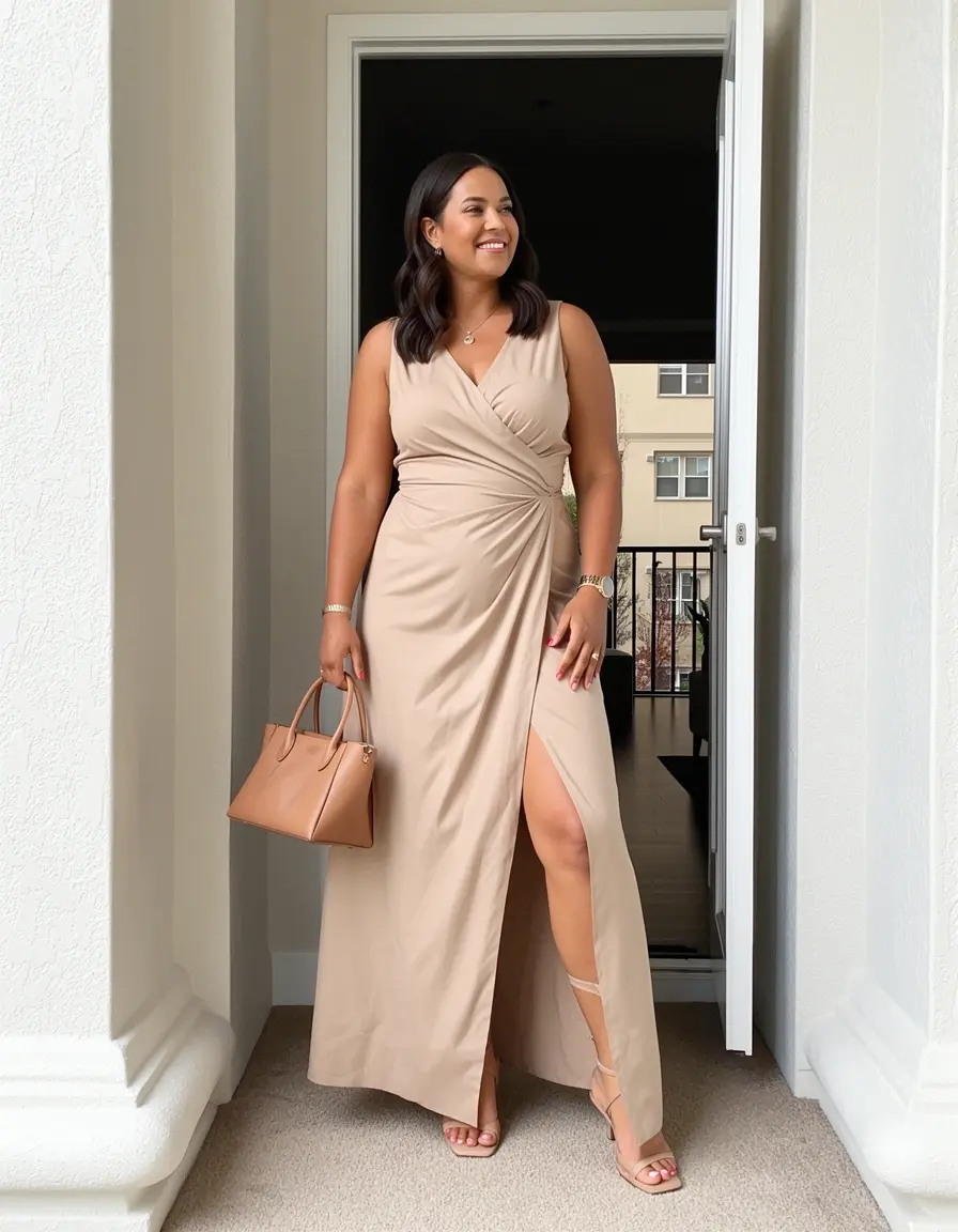 Frau in einem beigen Wickelkleid
