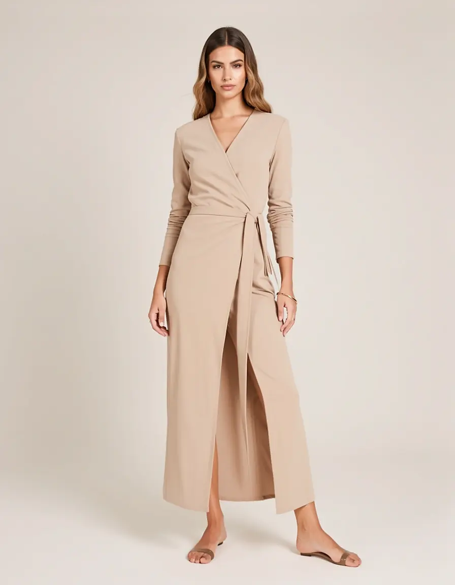 Model in einem beigen Wickelkleid