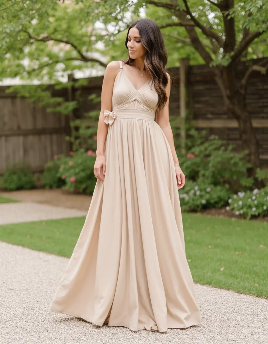 Dame in einem beigen Maxikleid