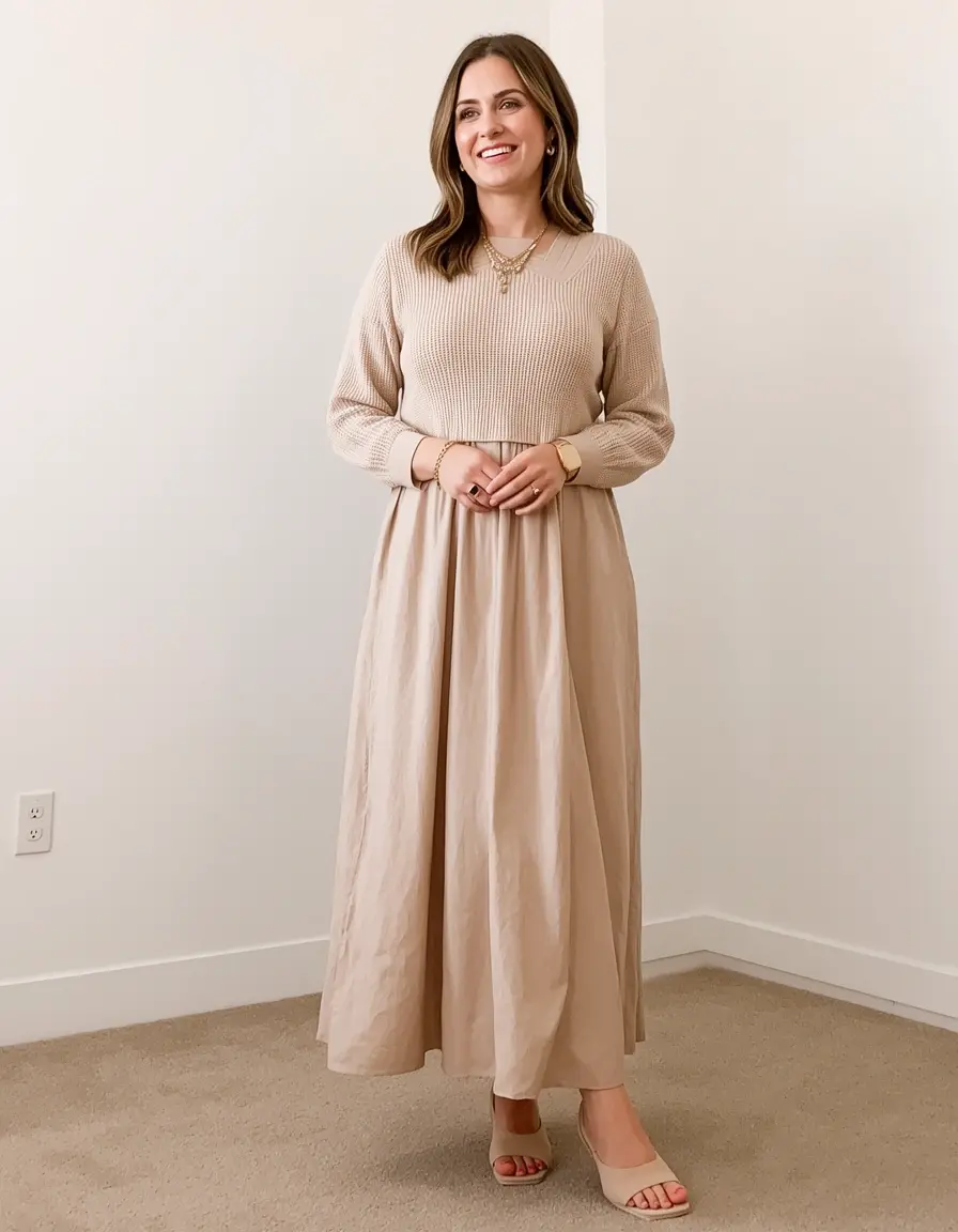 Frau in einem beigen Midikleid