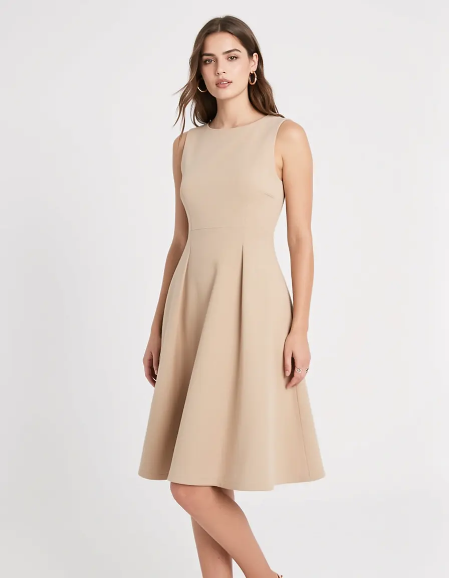 Model in einem beigen A-Linien Kleid