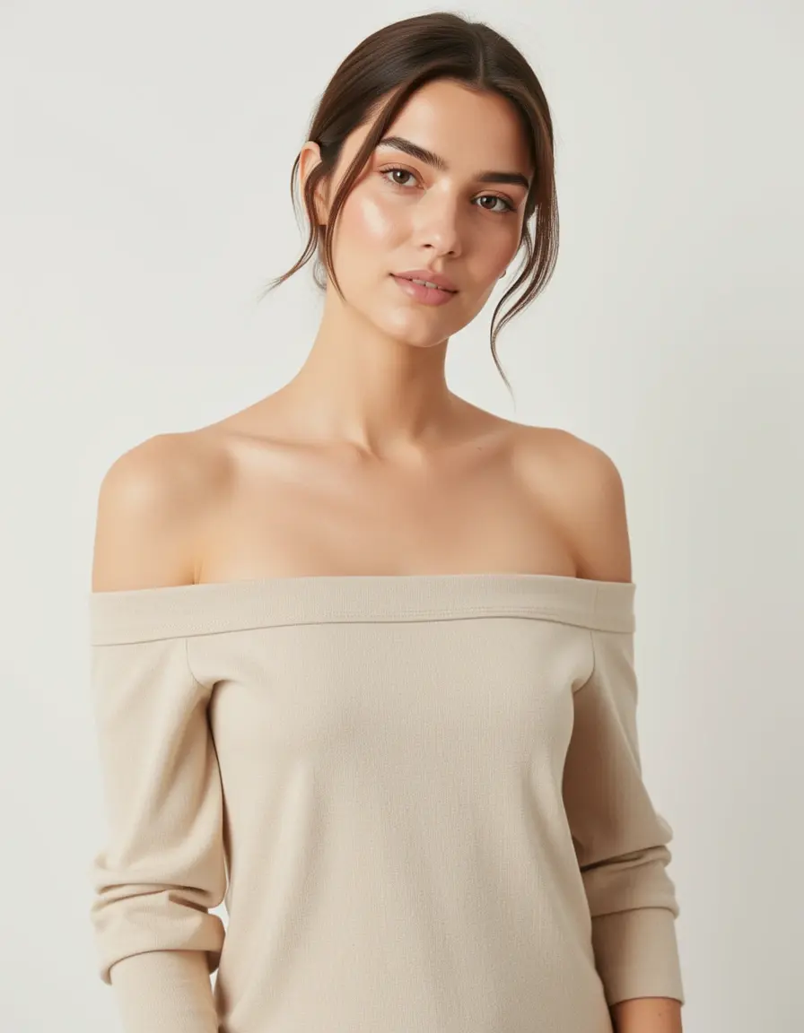 Beiges schulterfreies Kleid an einer Frau