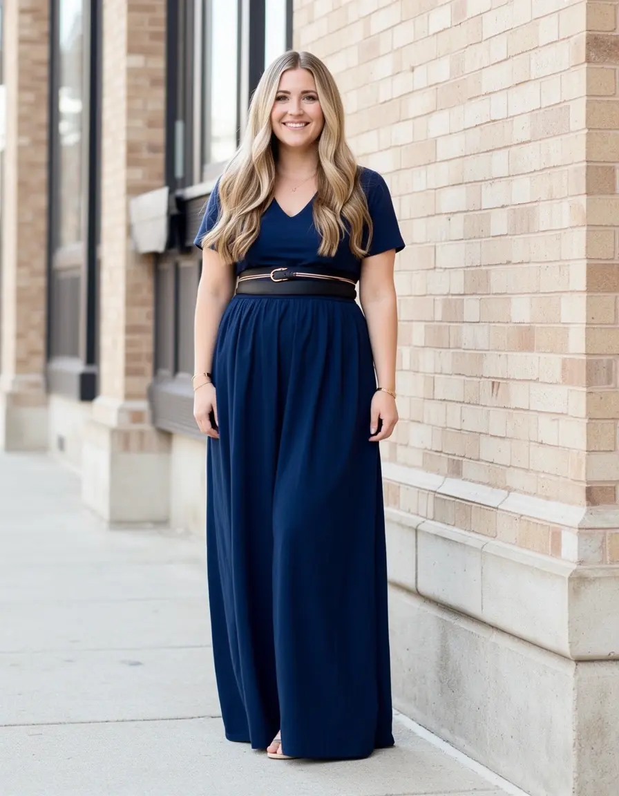 Frau in einem eleganten navyblauen Maxikleid