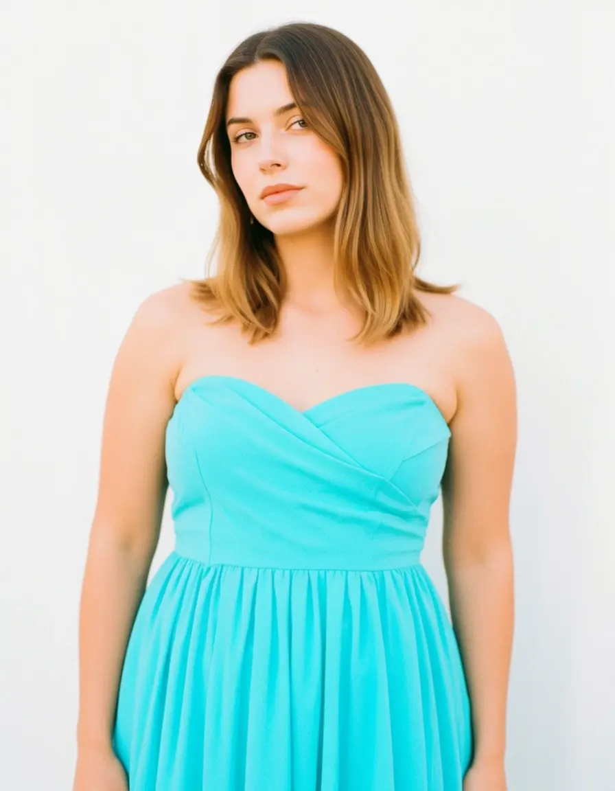 Frau in einem türkisfarbenen Sommerkleid am Strand