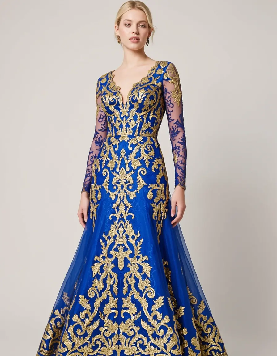 model in blue gold lace gown