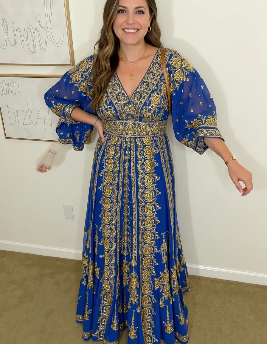 female in blue gold maxi outfit