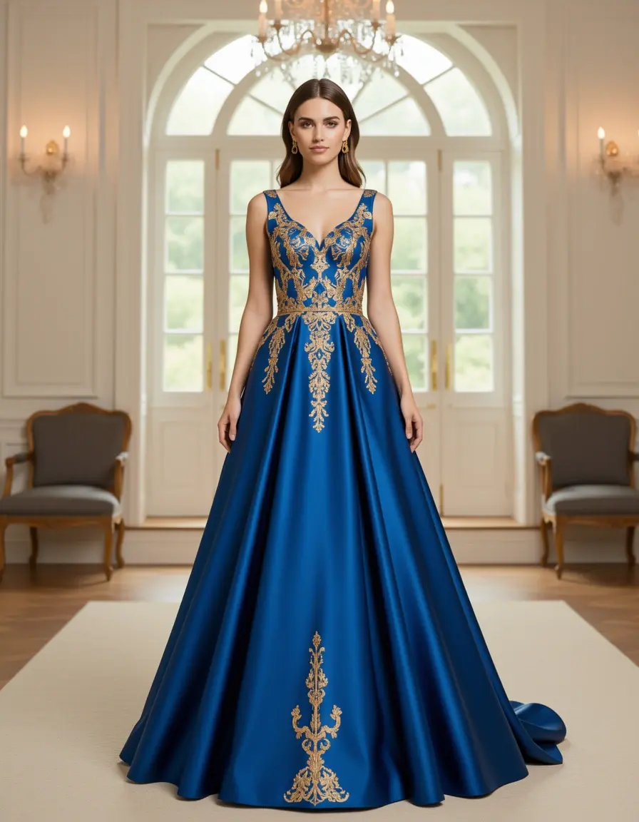 model in blue gold A-line gown