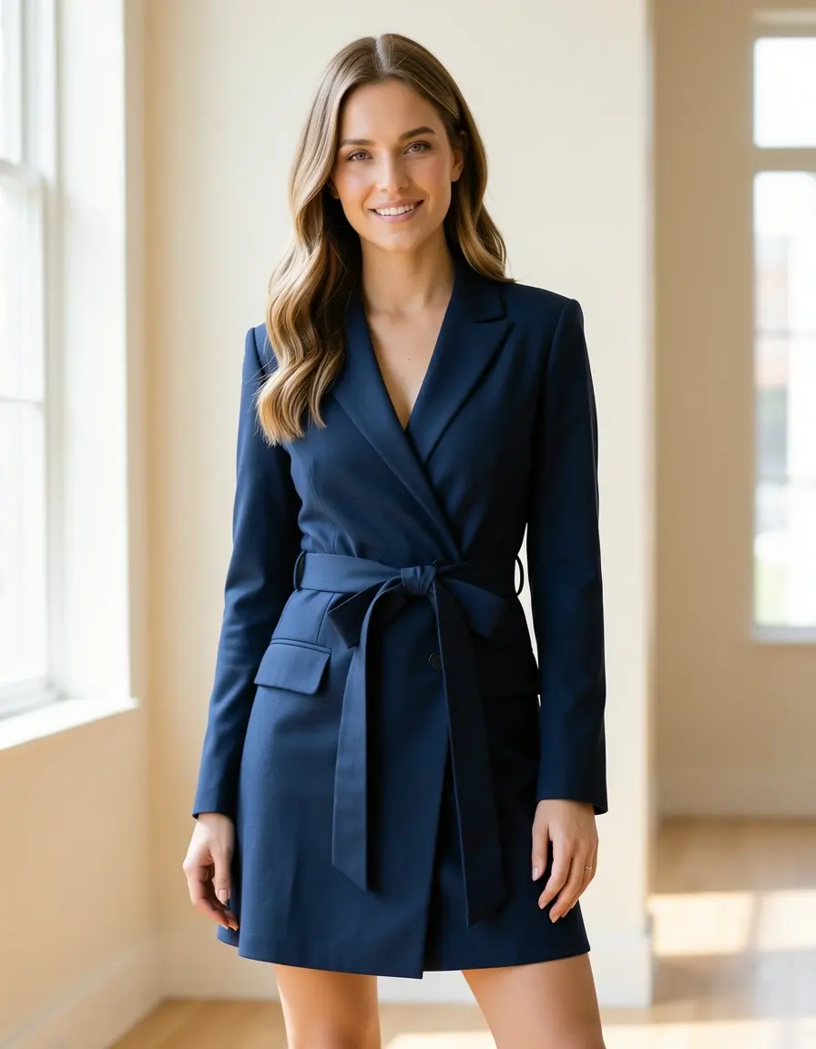 female in belted blazer dress