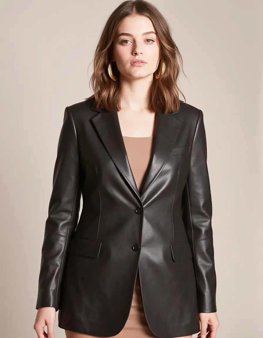 leather blazer dress on woman