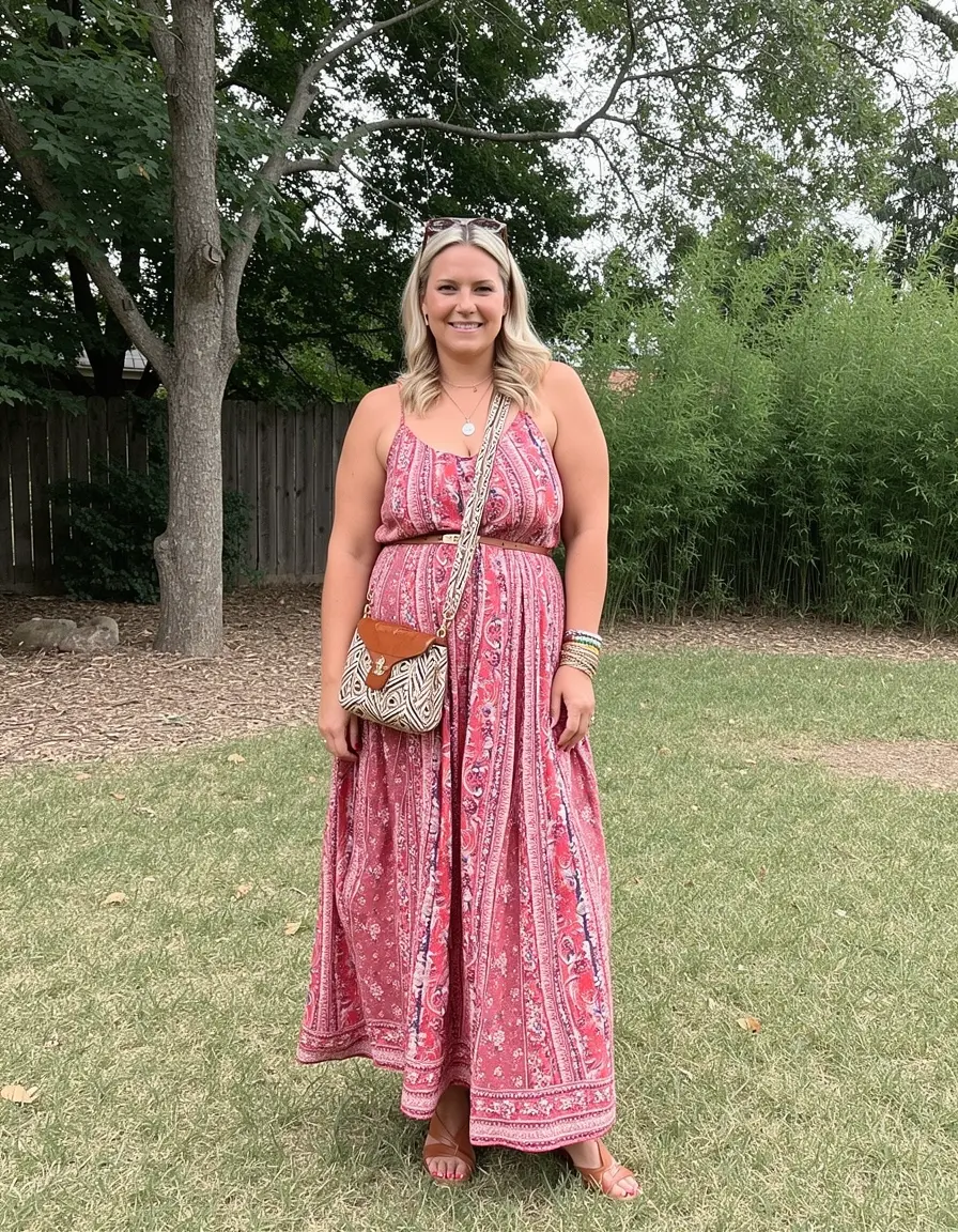 Frau in einem fließenden Boho Maxi Kleid