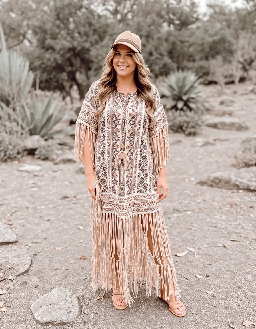 Frau in einem Boho Kleid mit Fransen