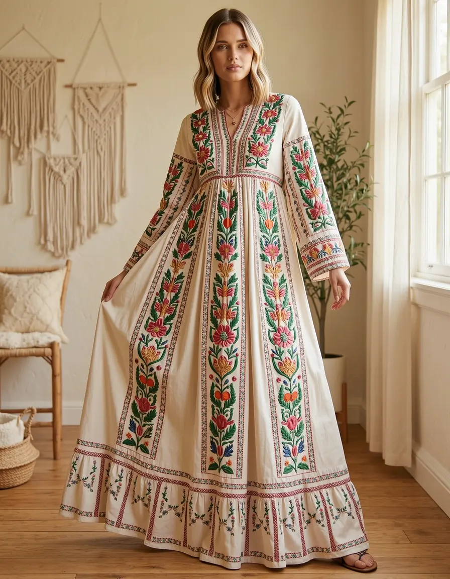 Model in einem bestickten Boho Kleid
