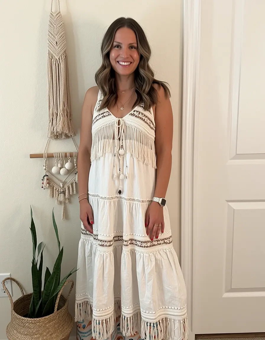 Frau in einem gestuften Boho Kleid