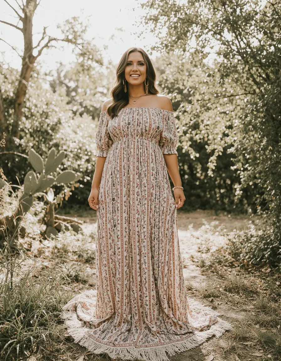 Elegantes schulterfreies Boho Kleid
