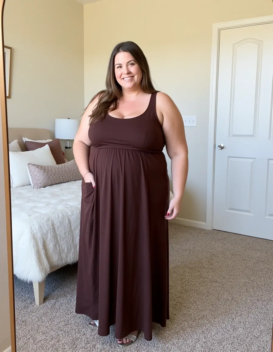 Frau in einem schokobraunen Maxikleid