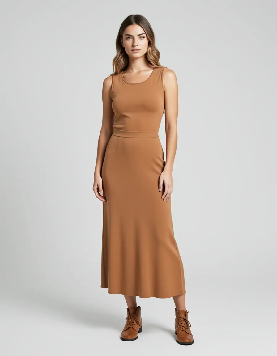 Model in einem hellbraunen Midikleid