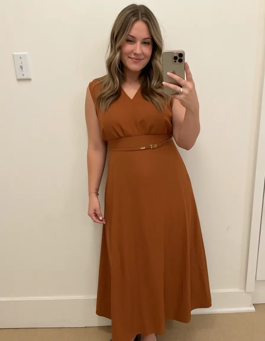 Frau in einem karamellbraunen Kleid