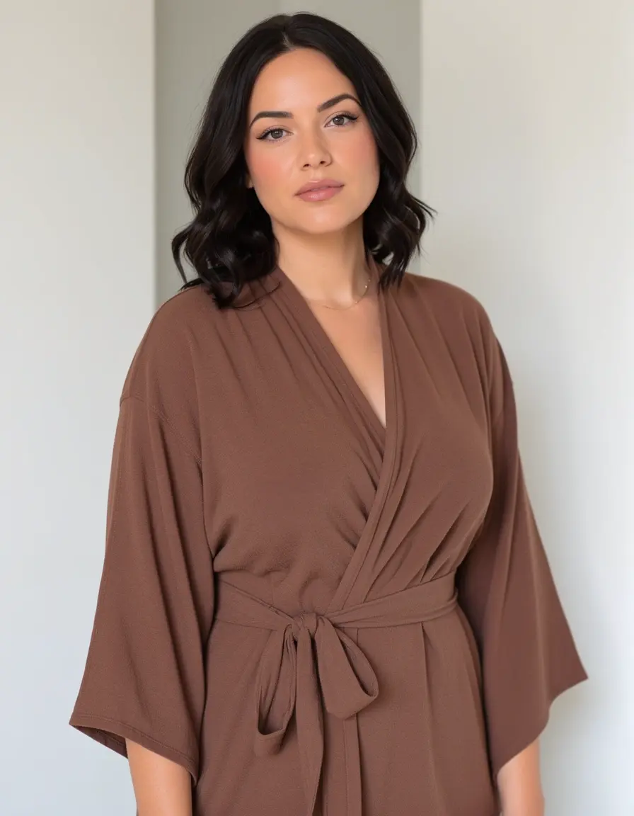 Frau in einem mokkabraunen Wickelkleid
