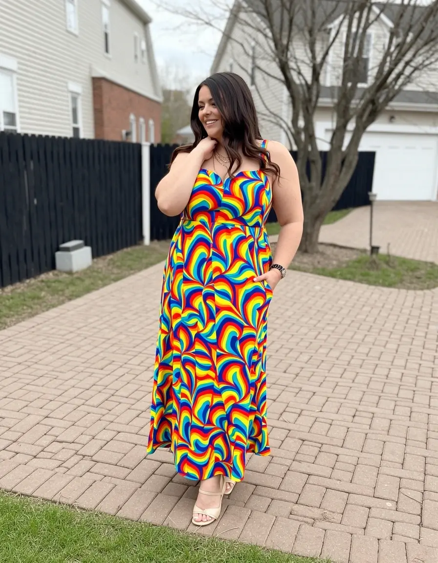 Frau in einem Regenbogen-Print Kleid