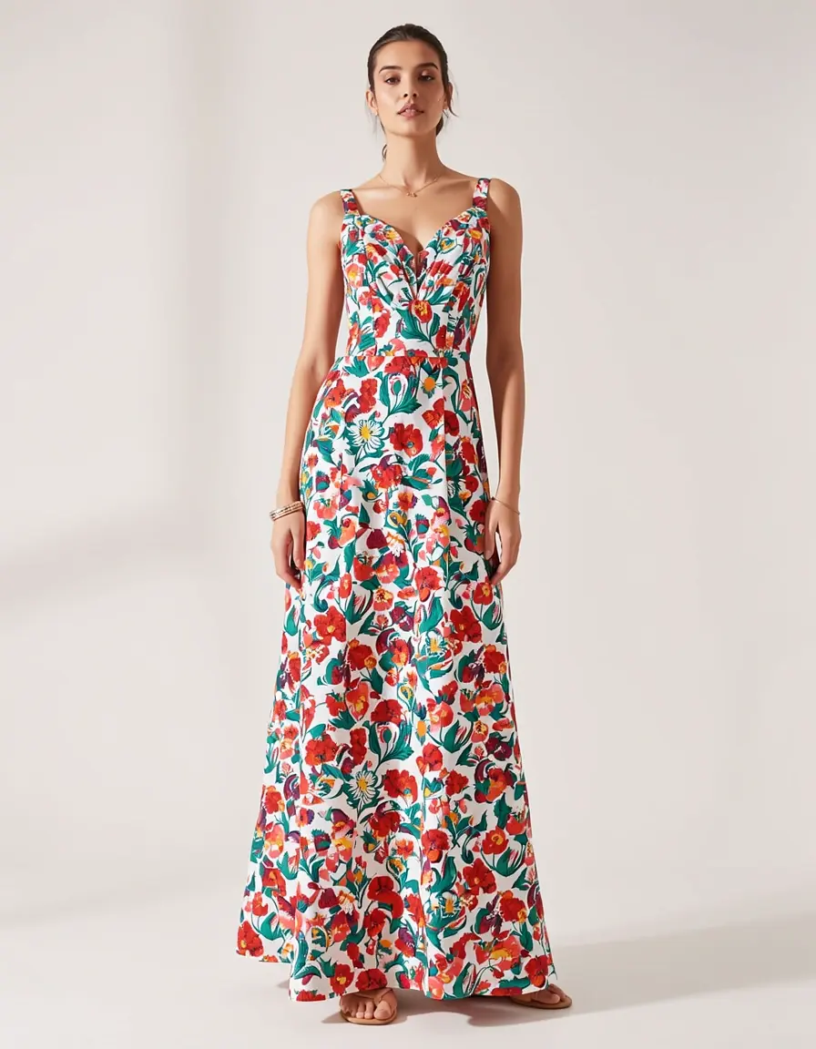 Model in einem mehrfarbigen Blumenkleid