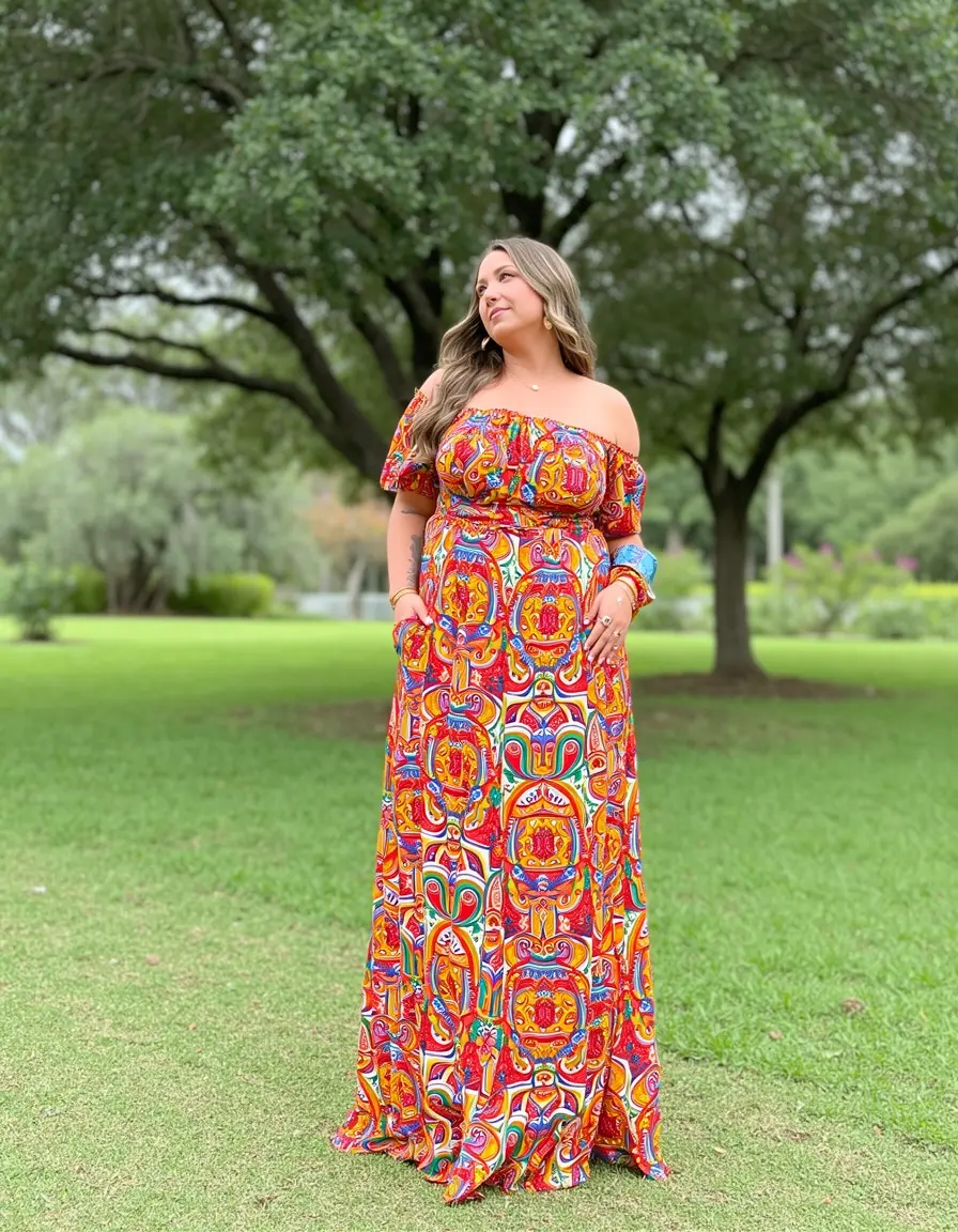 Dame in einem leuchtend gemusterten Maxikleid