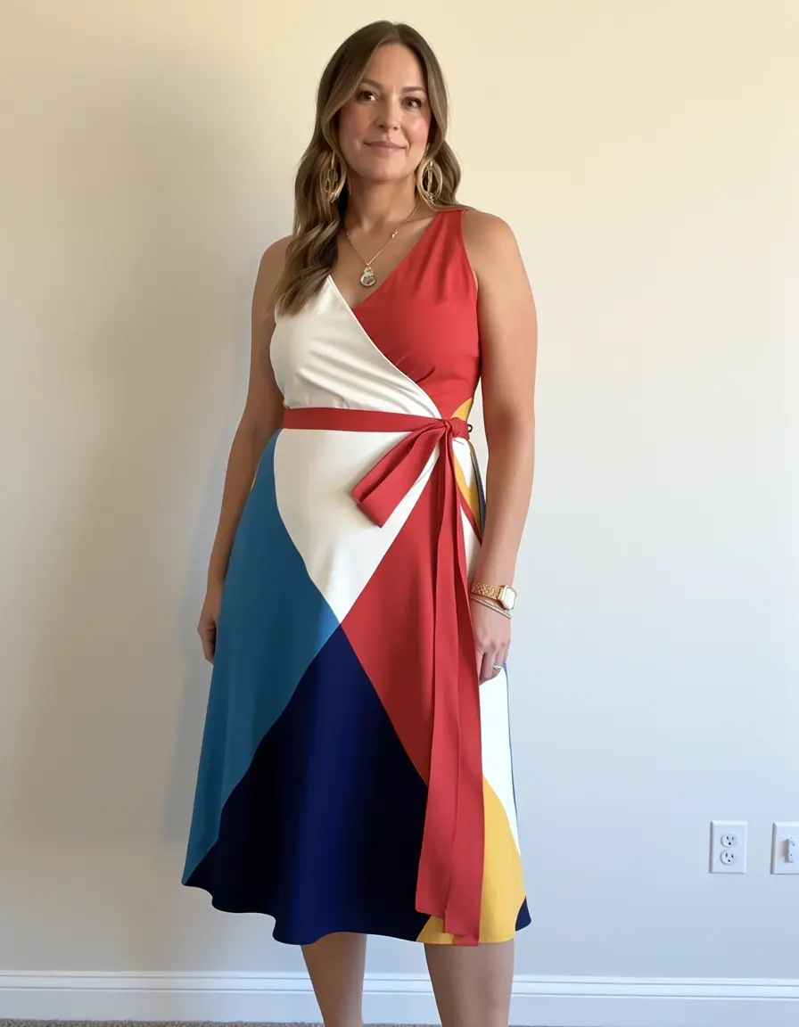 Frau in einem Color-Block Wickelkleid