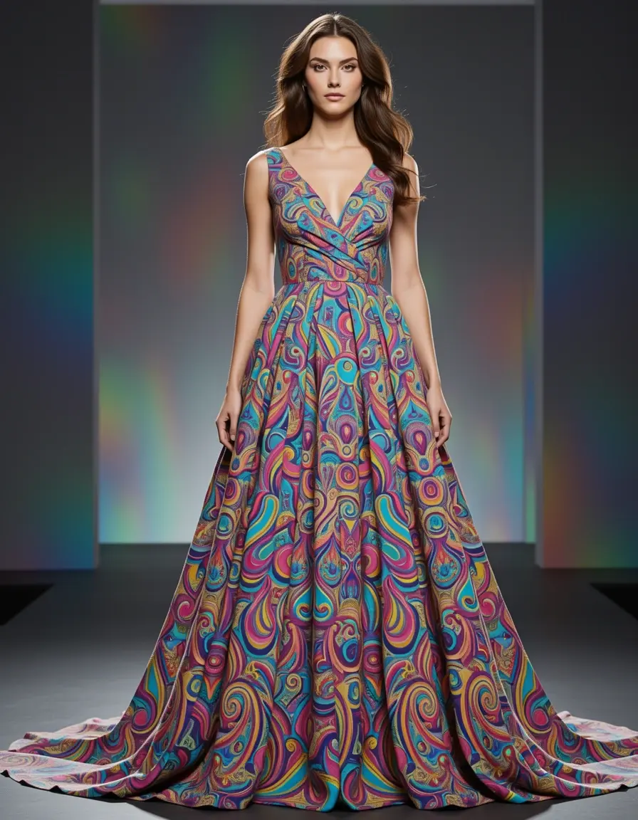 Model in einem psychedelisch gemusterten Kleid