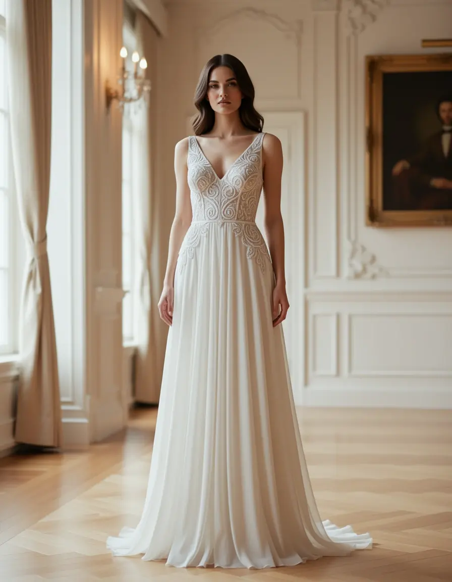 model in long women's chiffon gown