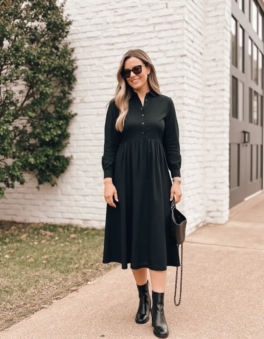 Damen Langarm Kleid Midi Stil