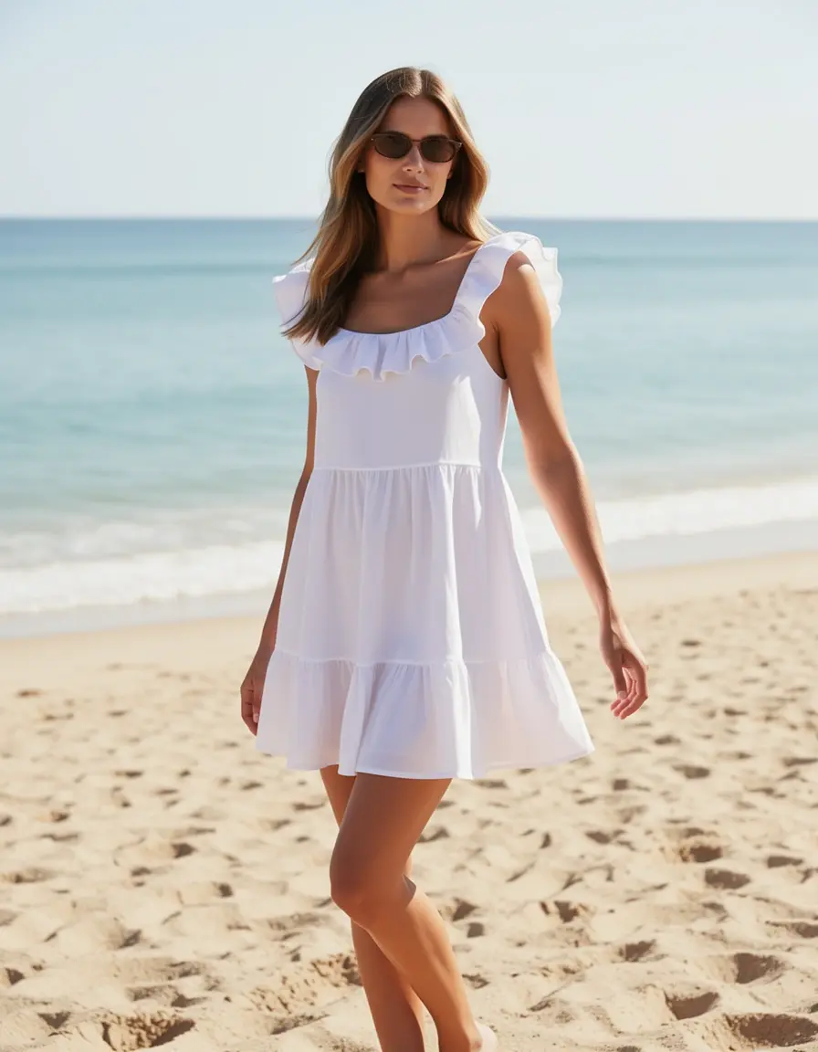 Kurzes Strandkleid mit Volants aus Baumwolle