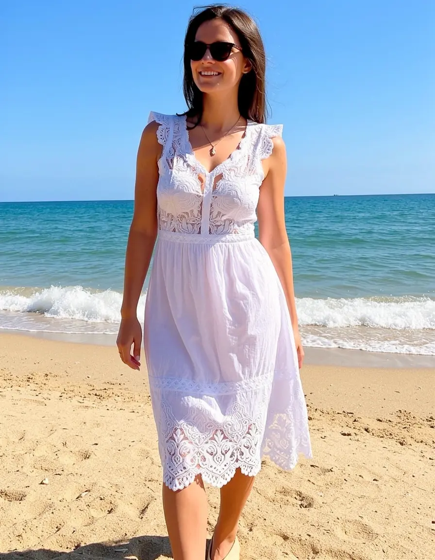 Weißes Strandkleid mit Spitzenbesatz