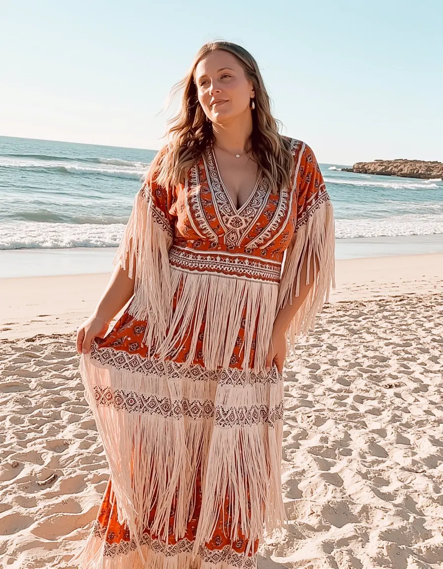 Boho Maxi Strandkleid mit Fransen