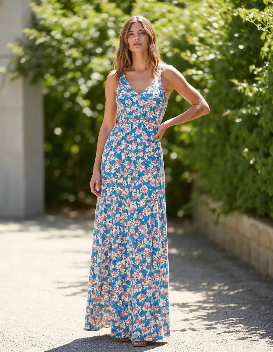 Model in einem langen Sommer Maxi Kleid