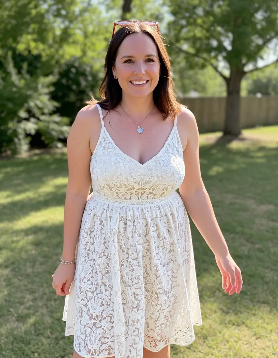 Frau in einem eleganten Spitzenkleid für den Sommer