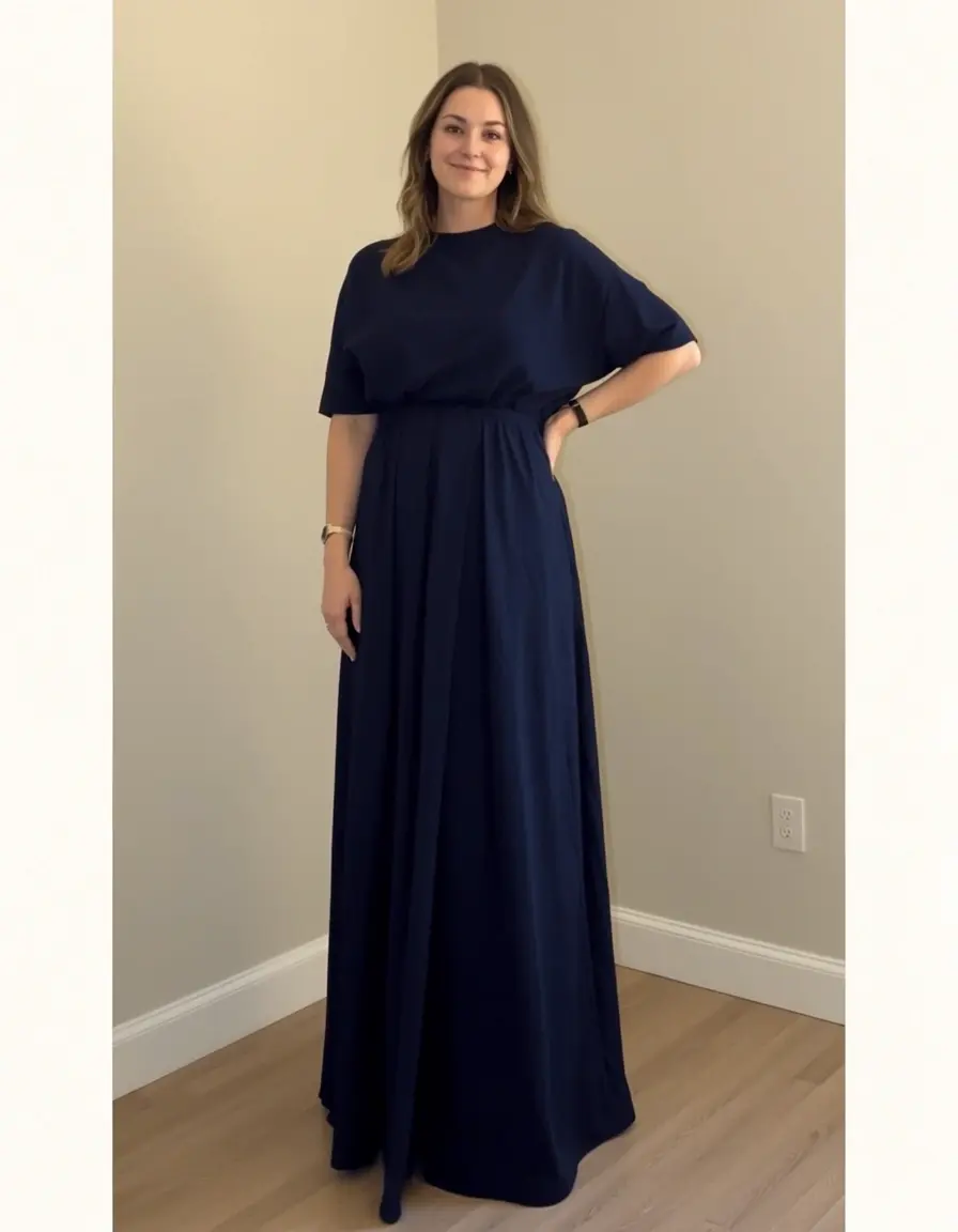 Frau in einem fließenden navy dunkelblauen Maxi Kleid
