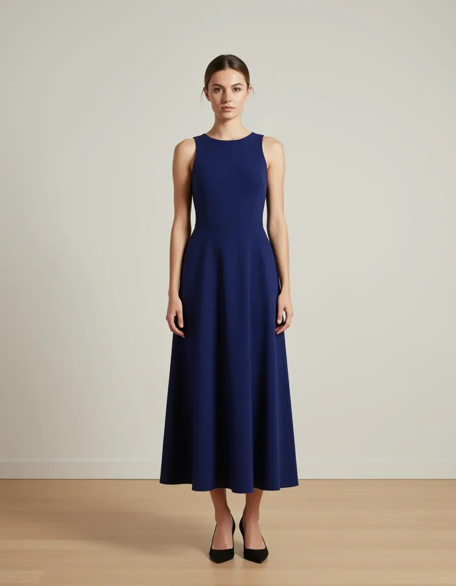 Model trägt ein indigo dunkelblaues Midi Kleid