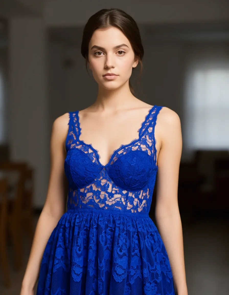 Model in einem dunkelblauen Spitzenkleid