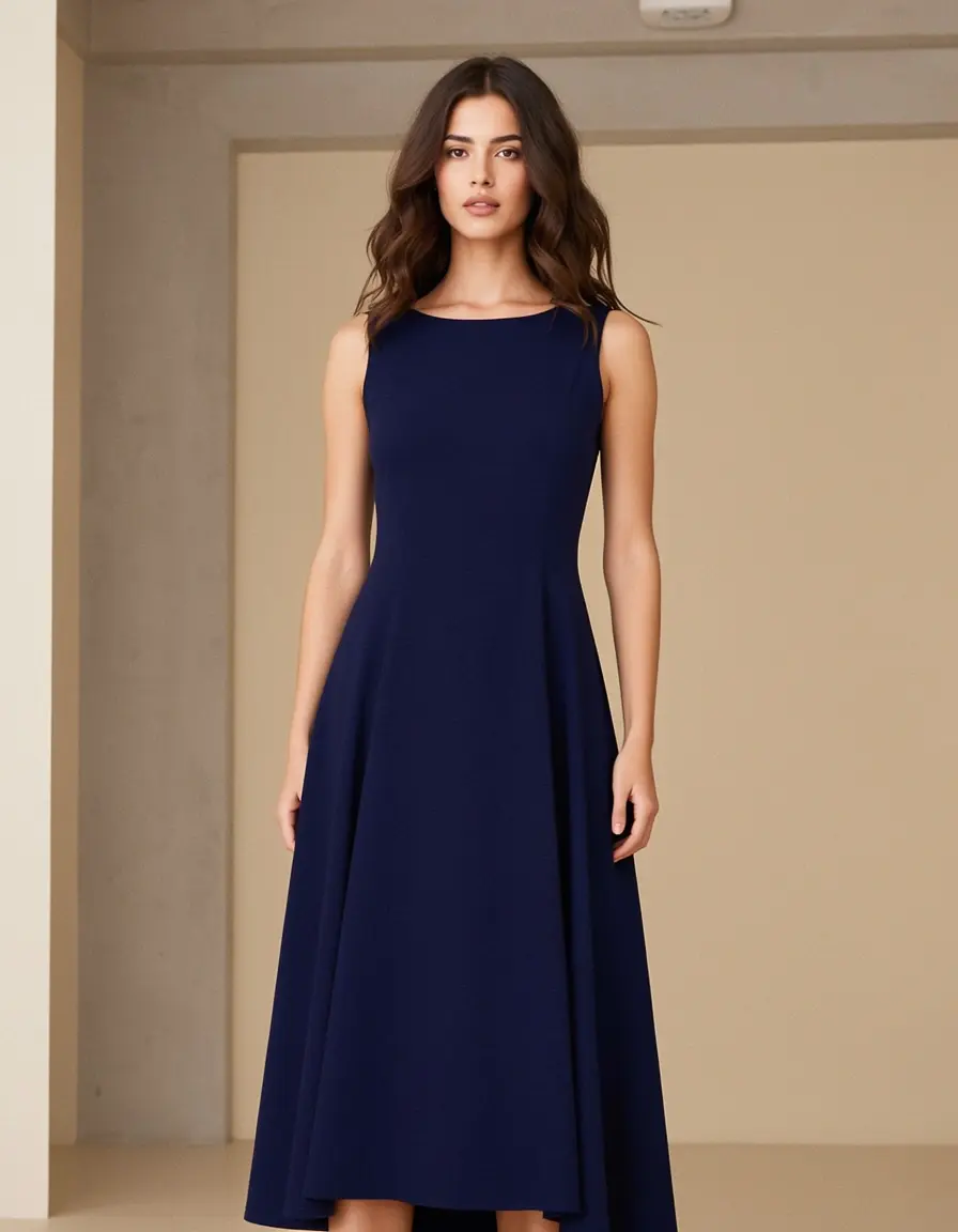 Modernes dunkelblaues Shift Kleid an einer Frau