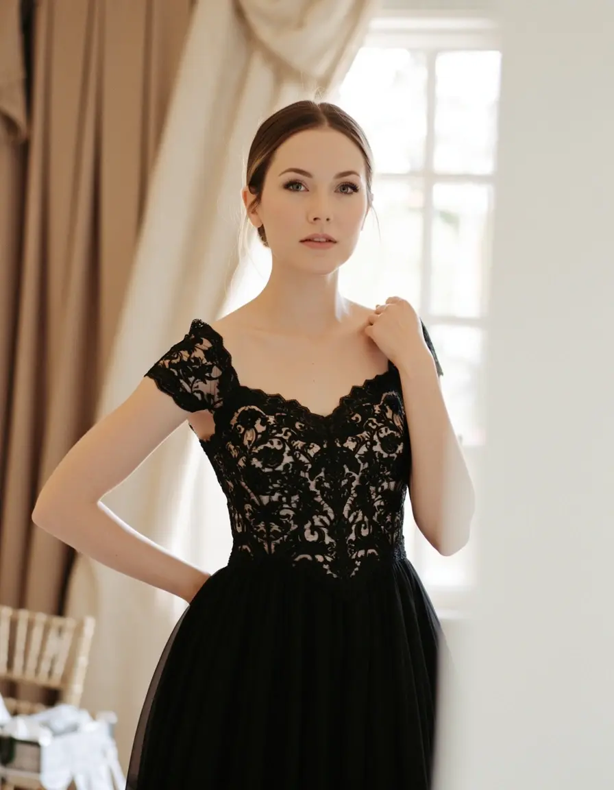 Frau in Black Lace Elegant Dress