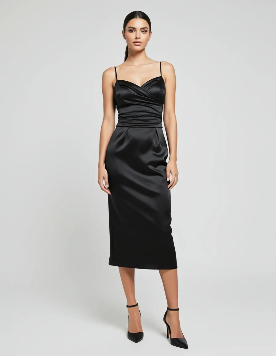 Model in Black Satin Midi