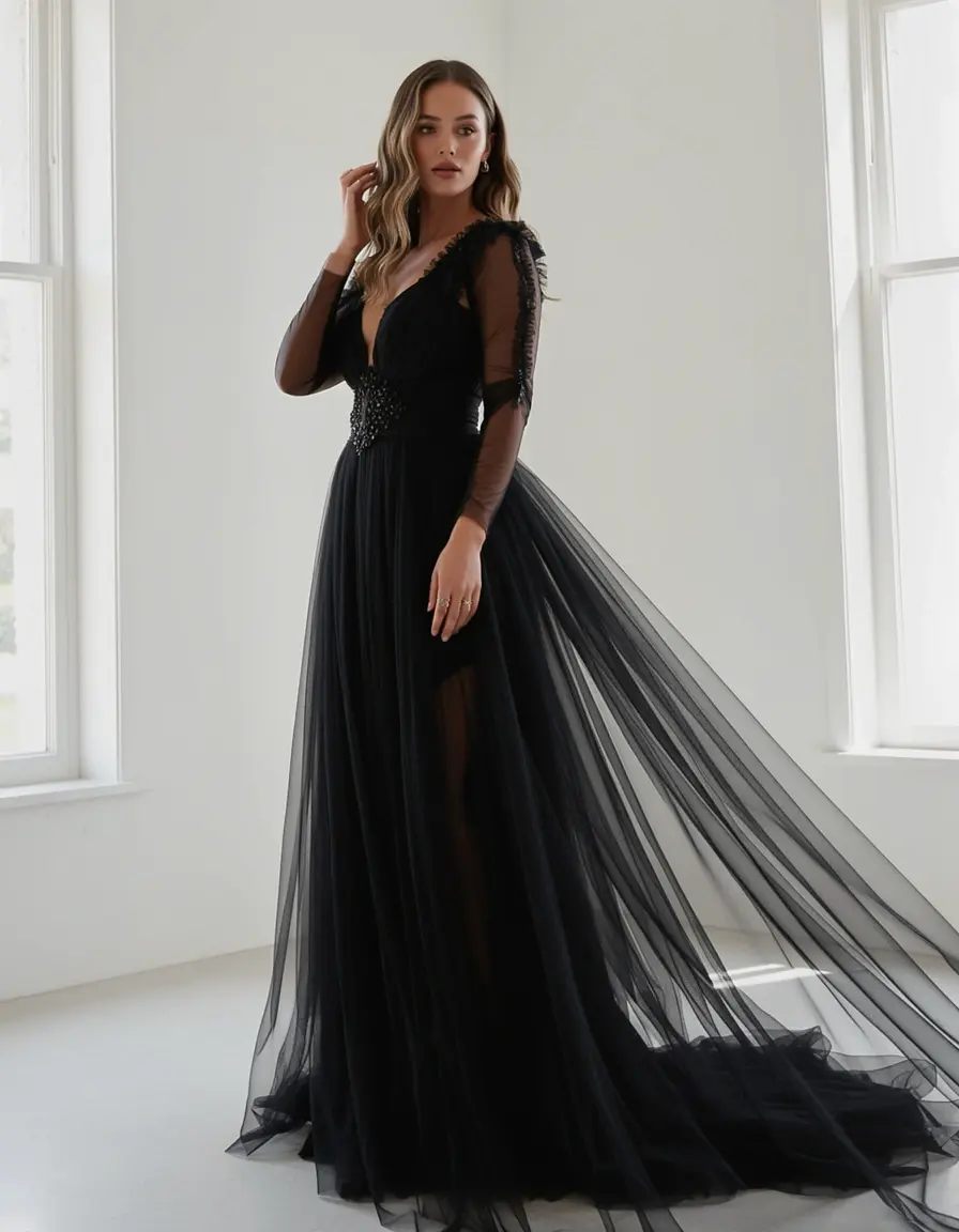 Dame in Black Chiffon Gown