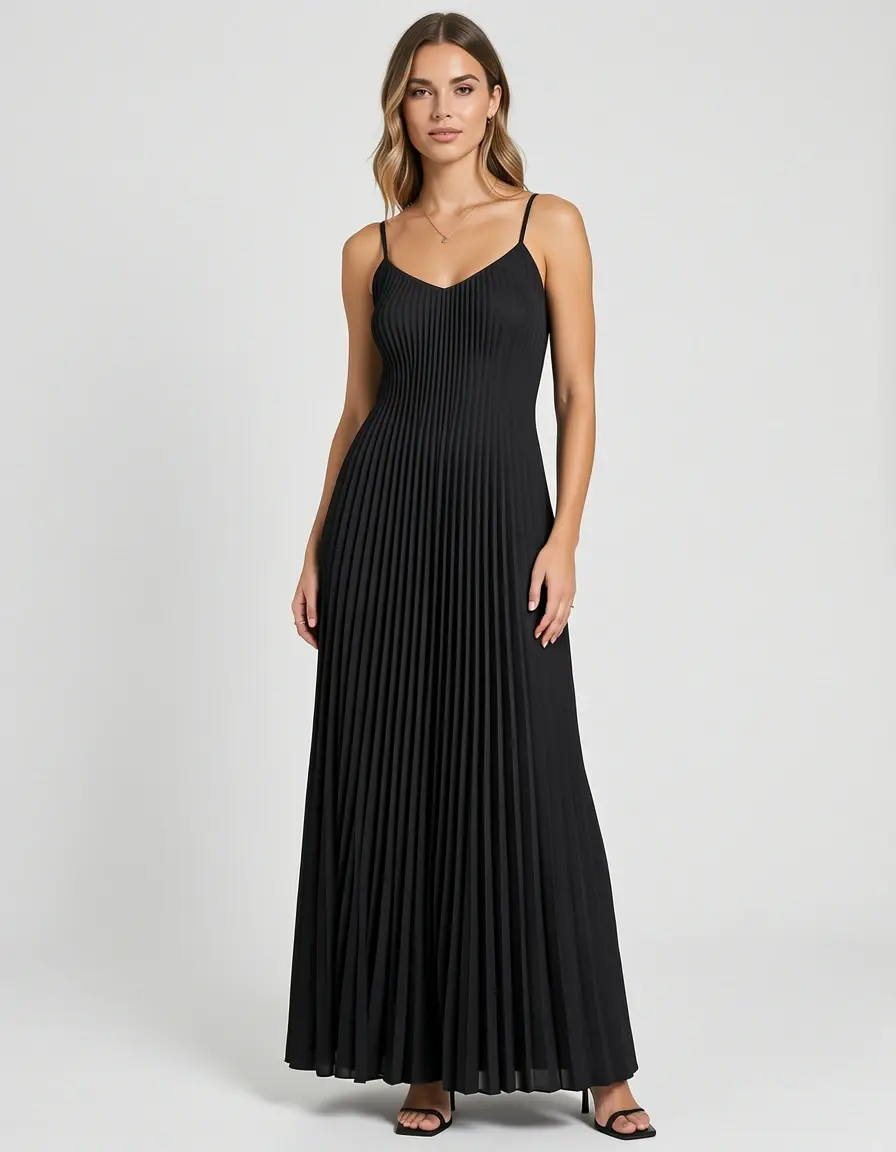 Black Pleated Dress an einer Frau