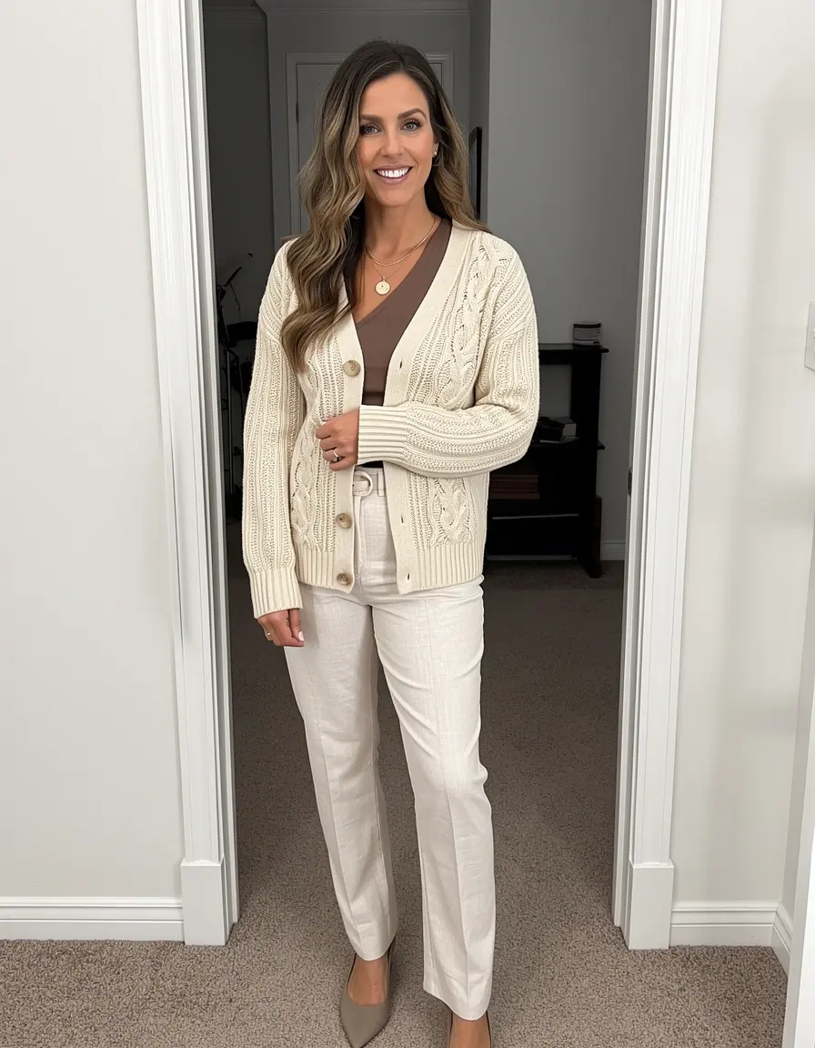 Frau im eleganten Cardigan-Set