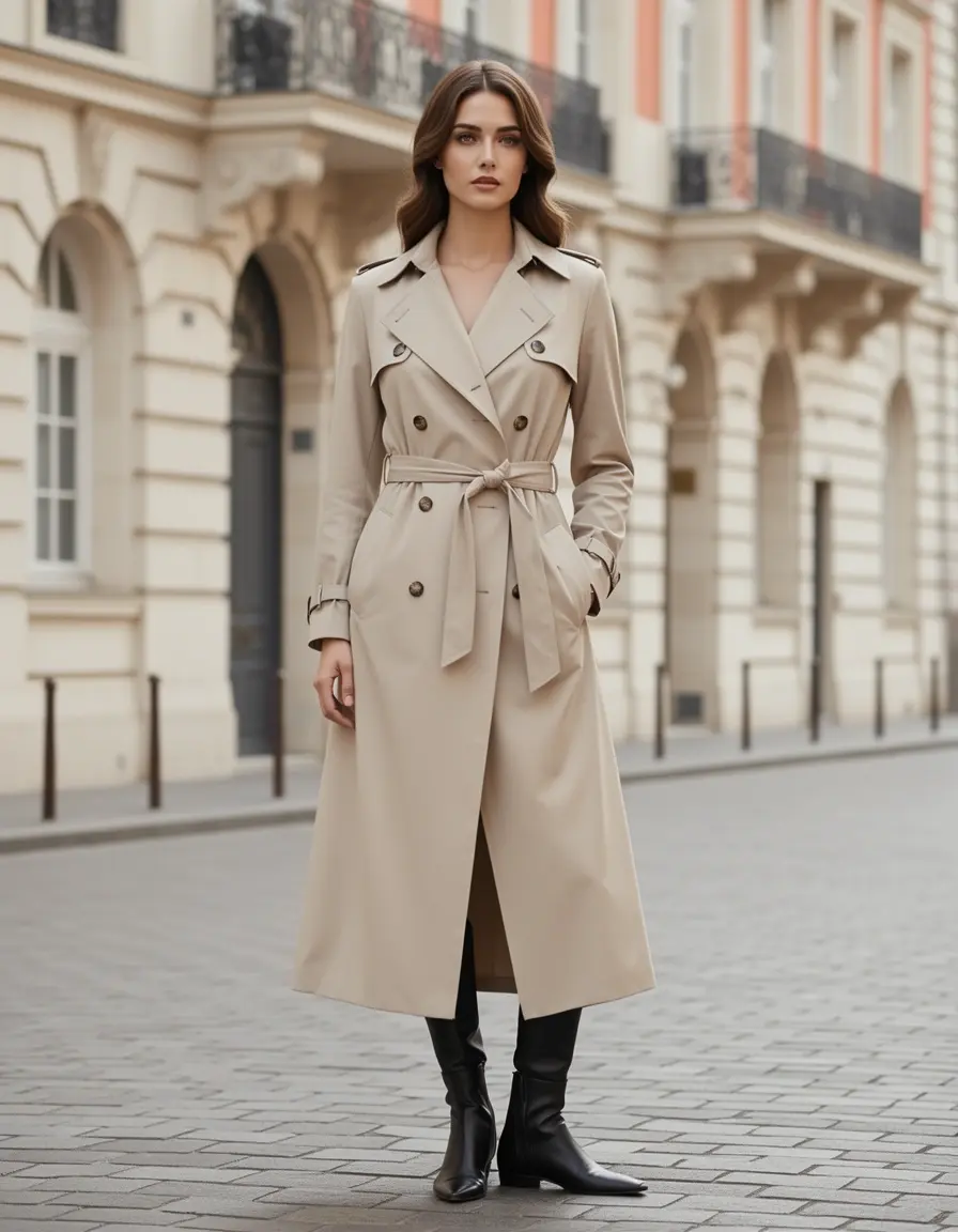 Model im eleganten Trenchcoat Outfit