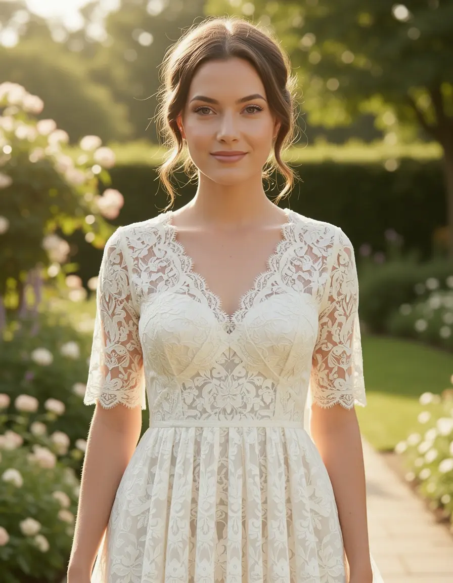Dame in elegantem Sommer Spitzenkleid