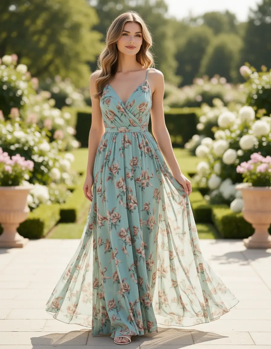 Frau in elegantem Sommer Chiffon Kleid