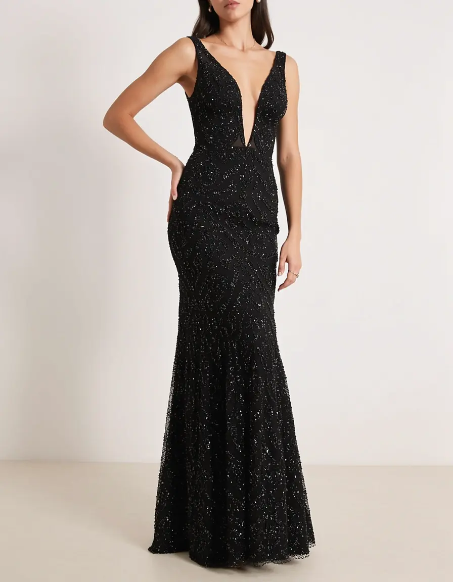 Schwarzes Cocktailkleid mit Perlenstickerei