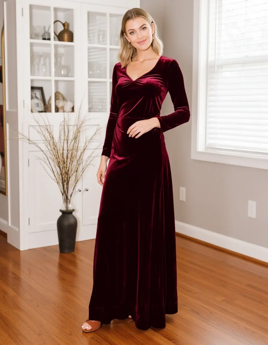 Burgunderrotes Samt Maxikleid