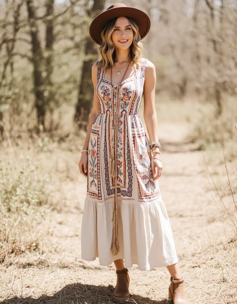 Model in einem Empire Waist Boho Kleid