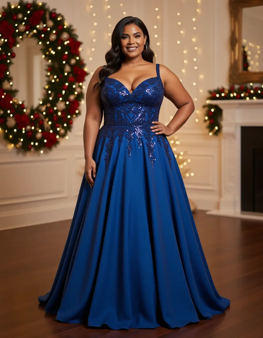model curvy in festive A-line gown